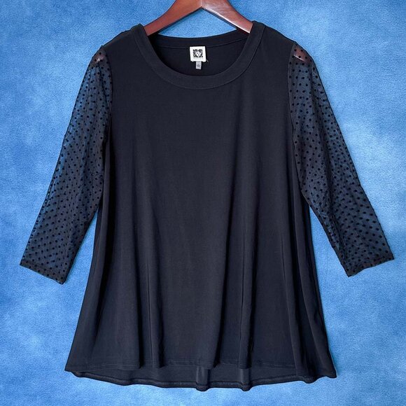 Anne Klein Blouse, Black Sheer-Sleeved, Large - Picture 1 of 4